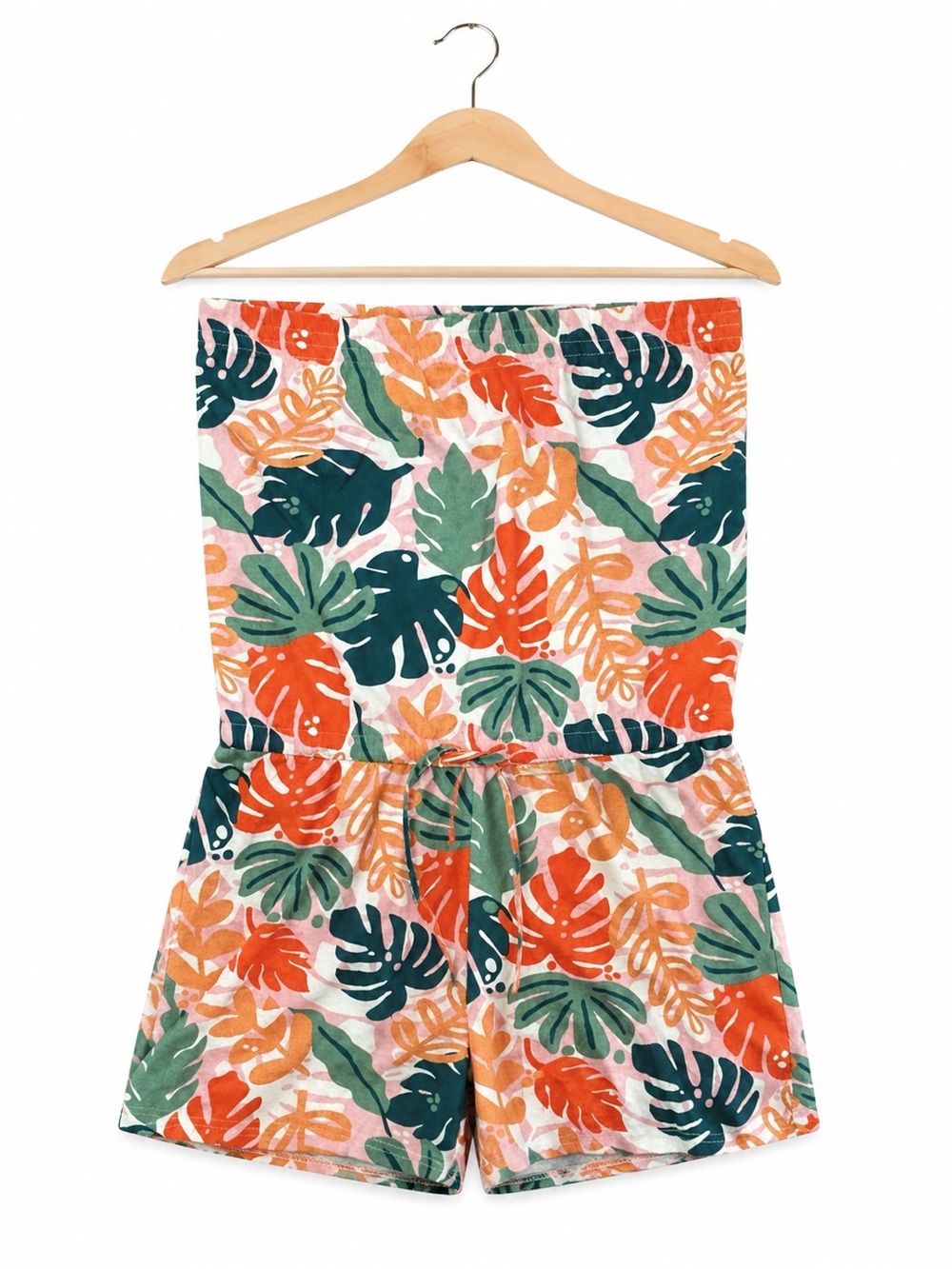 NWT Serra small Tropical Leaf Strapless Shorts Romper drawstring Resort Beach